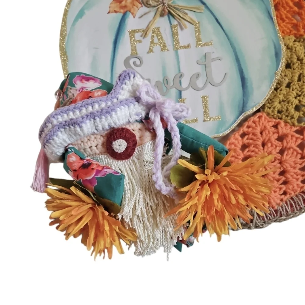 Handcrafted holiday wreath fall crochet pumpkin wall decor floral gnome collage